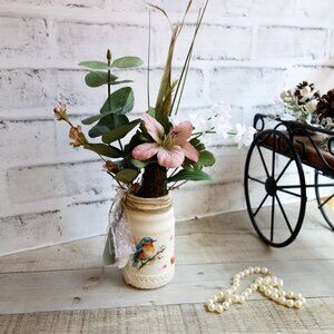 Rustic Bluebird Vase with Florals Shabby Chic Songbird Vase French Country Vase